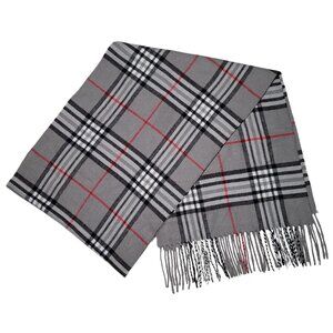 Cashmere Blend Scarf With Fringe Italy Design Gray Black Red Plaid Preppy Cozy